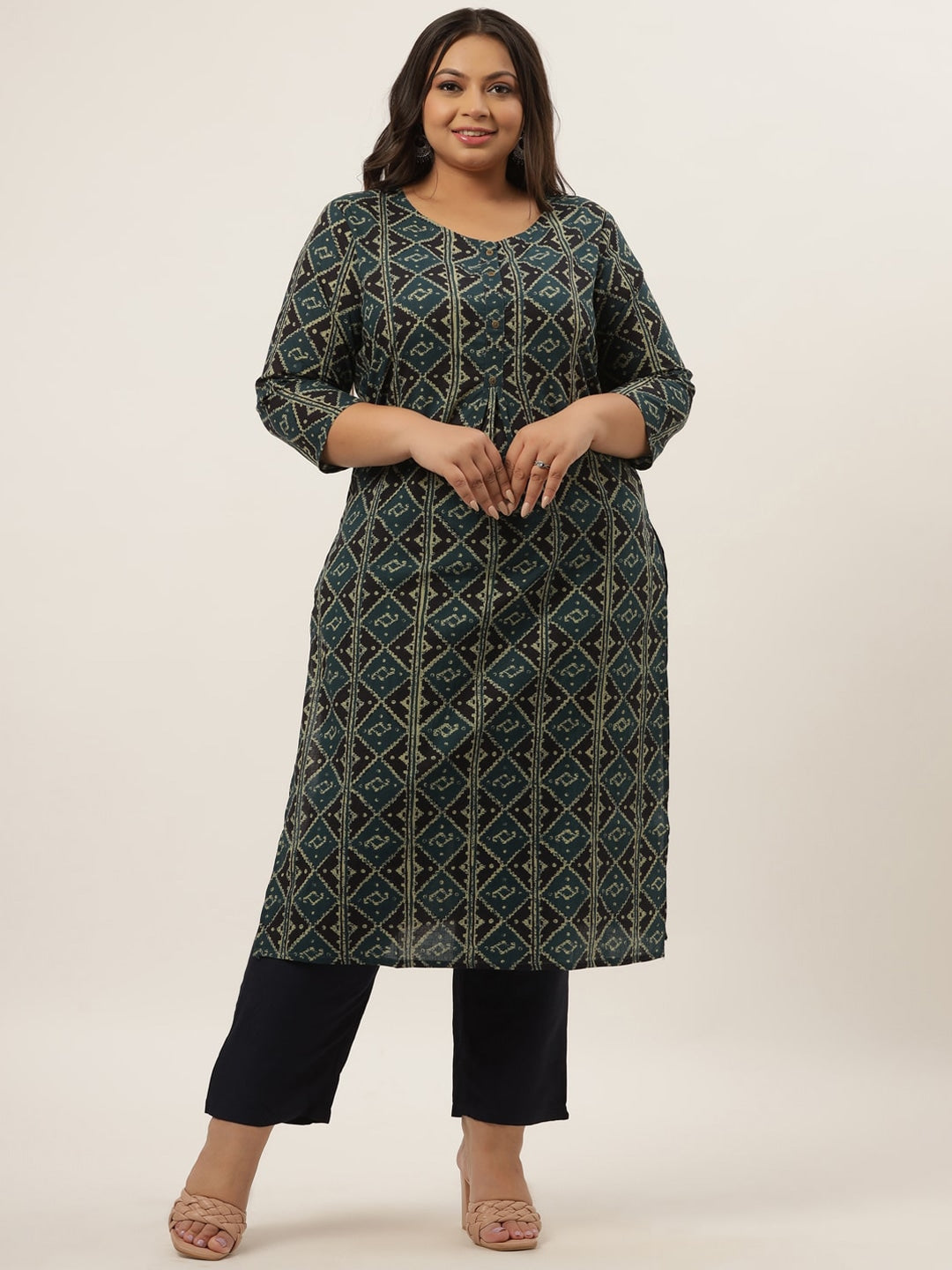 Plus Size Teal Printed Kurta Set-Indiakreations-JS9206SETBL3XL