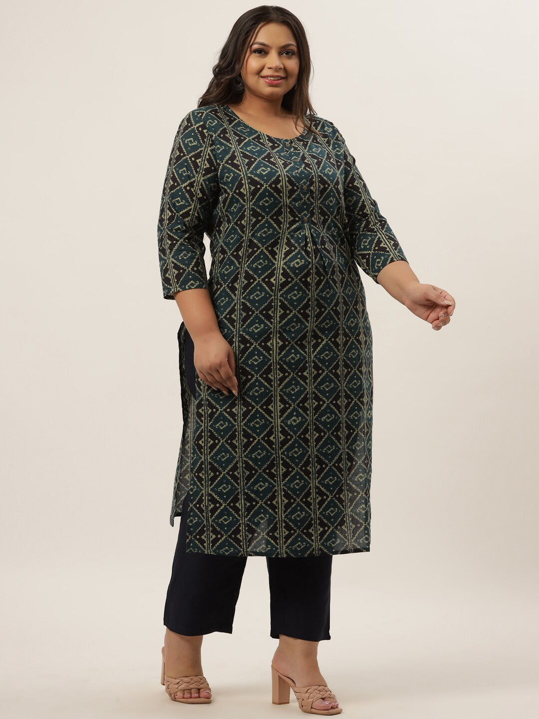 Plus Size Teal Printed Kurta Set-Indiakreations-JS9206SETBL3XL