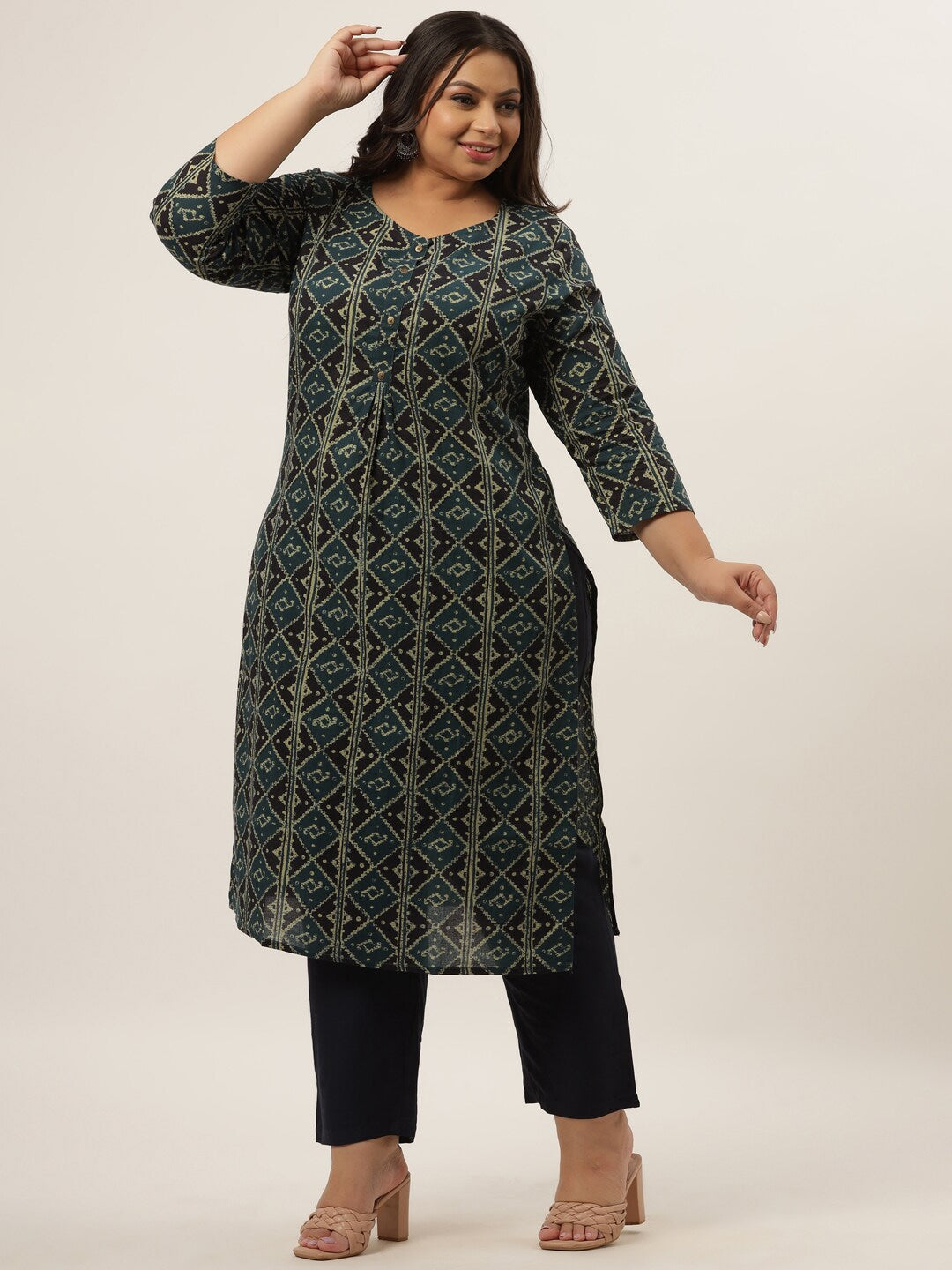 Plus Size Teal Printed Kurta Set-Indiakreations-JS9206SETBL3XL