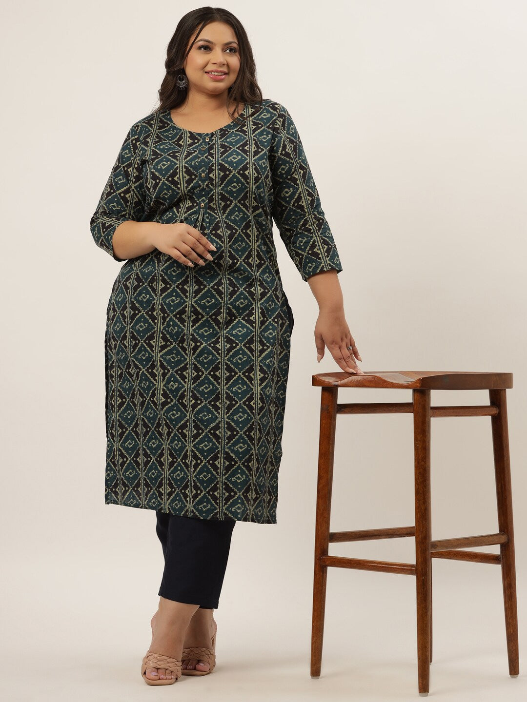 Plus Size Teal Printed Kurta Set-Indiakreations-JS9206SETBL3XL