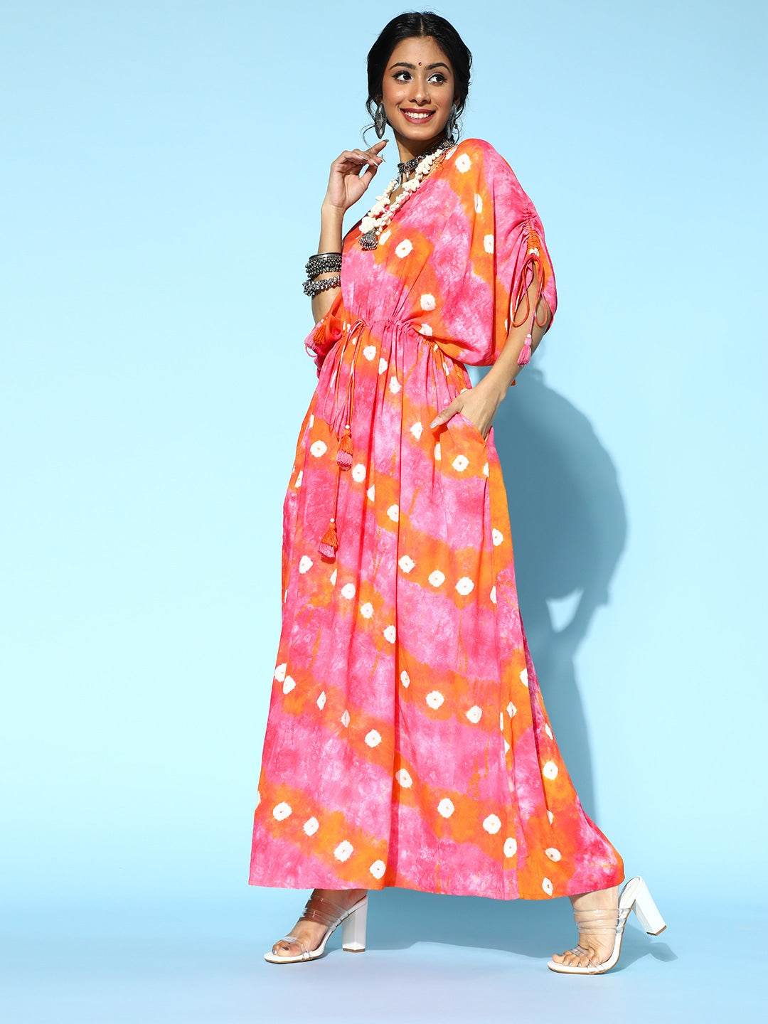 Pretty Pink Tie-Dye Kaftan Kurta-Indiakreations-JS9587KFTPKS