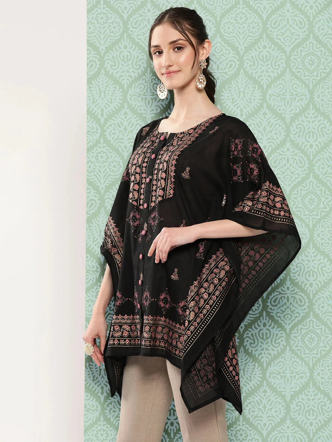 Printed Kimono Sleeve Ethnic Kaftan Top-Indiakreations-JS1397TOPBKS