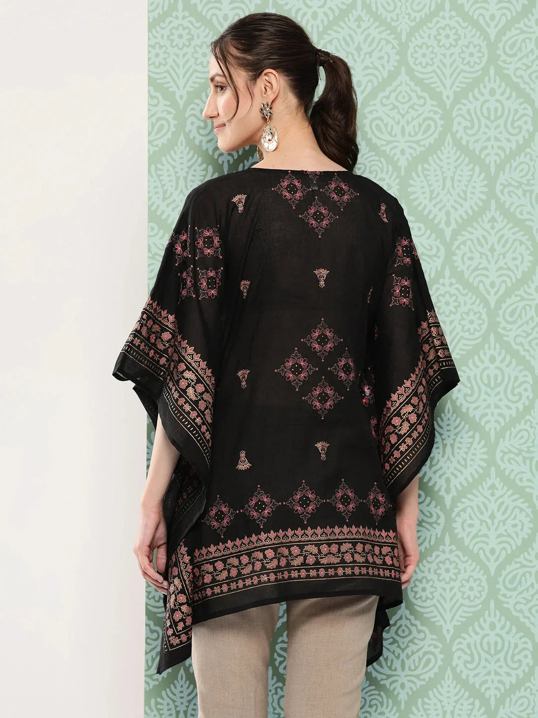 Printed Kimono Sleeve Ethnic Kaftan Top-Indiakreations-JS1397TOPBKS