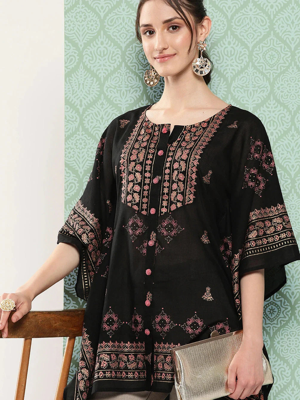 Printed Kimono Sleeve Ethnic Kaftan Top-Indiakreations-JS1397TOPBKS