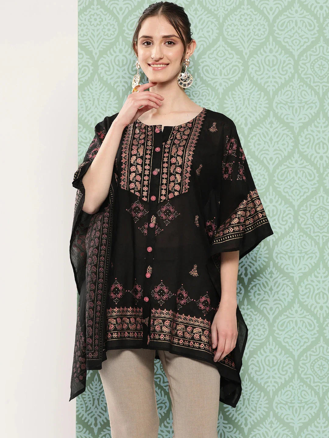 Printed Kimono Sleeve Ethnic Kaftan Top-Indiakreations-JS1397TOPBKS