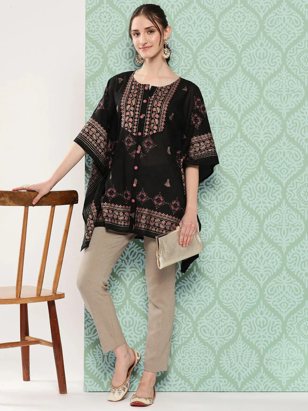 Printed Kimono Sleeve Ethnic Kaftan Top-Indiakreations-JS1397TOPBKS