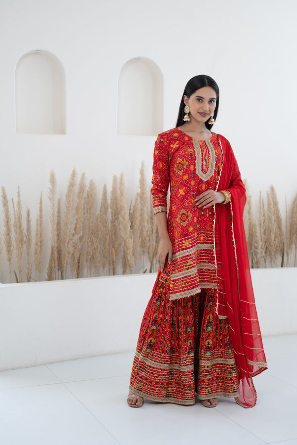 Red Sharara set for women by Myshka- 3pc set