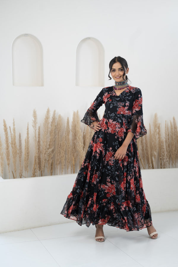 Women’S Black Floral Print Gown By Saras The Label- (1Pc Set)