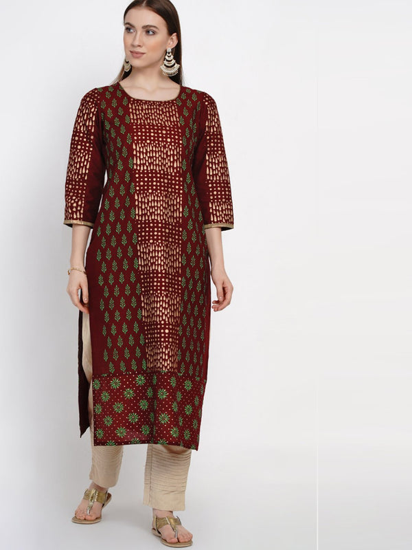 Women's Maroon Ajrakh Hand Block Cotton Overall Printed Kurta - Noz2Toz