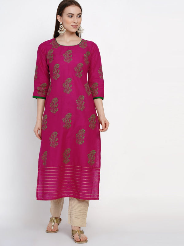 Women's Magenta Floral Print Ajrakh Hand Block Cotton Printed Straight Kurta - Noz2Toz