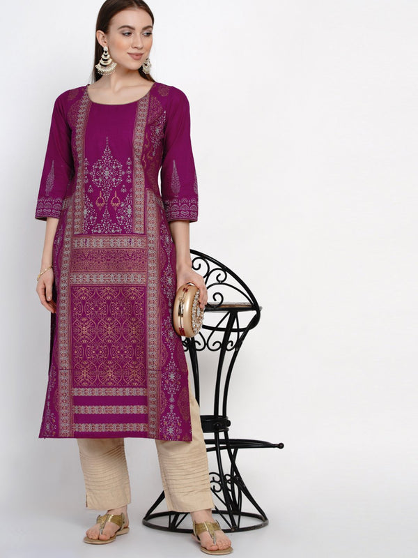 Women's Panel Illusion Mauve Cotton Kurta With Ajrakh Hand Block Print - Noz2Toz