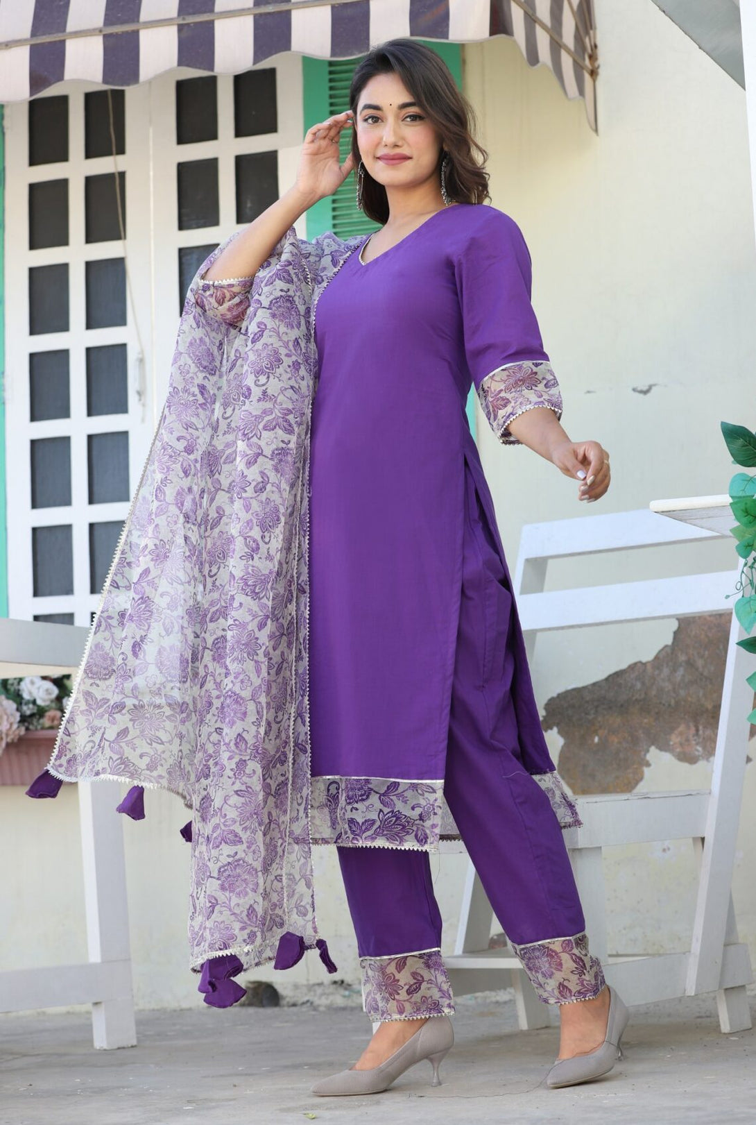 Women's Purple Cotton Organza Suit Set - Lado Jaipuri