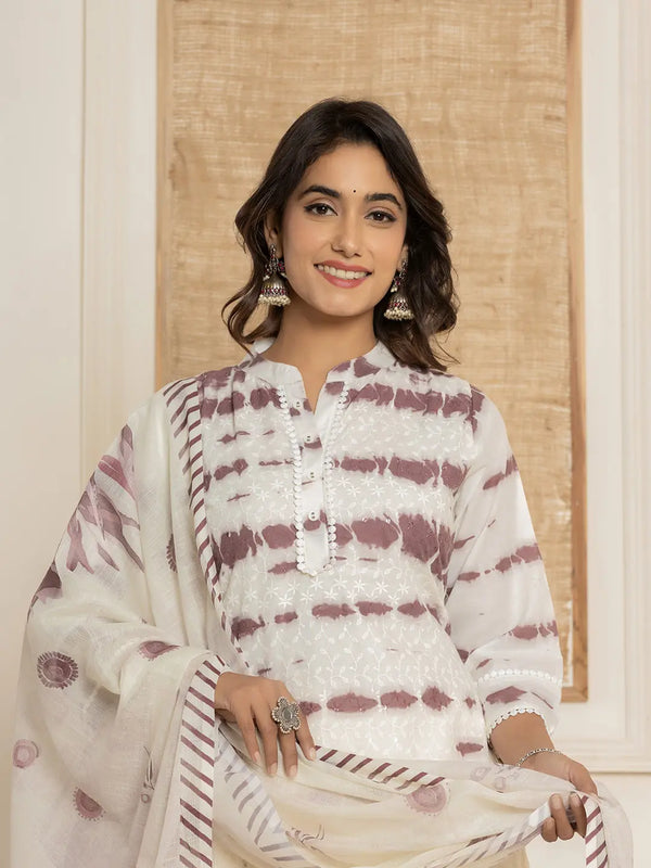 Purple Embroidery Cotton Have A Lining Kurta Trousers With Dupatta Set-Indiakreations-JS6984SKDPRM