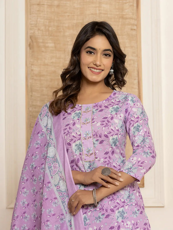 Purple Floral Print Cotton Straight Style Kurta And Trousers With Dupatta Set-Indiakreations-JS7007SKDPRS