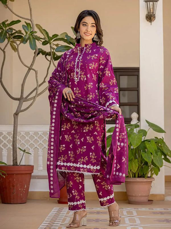 Purple Floral Print Straight Pakistani Style Kurta Trouser And Dupatta Set-Indiakreations-JS1001SKDPRS