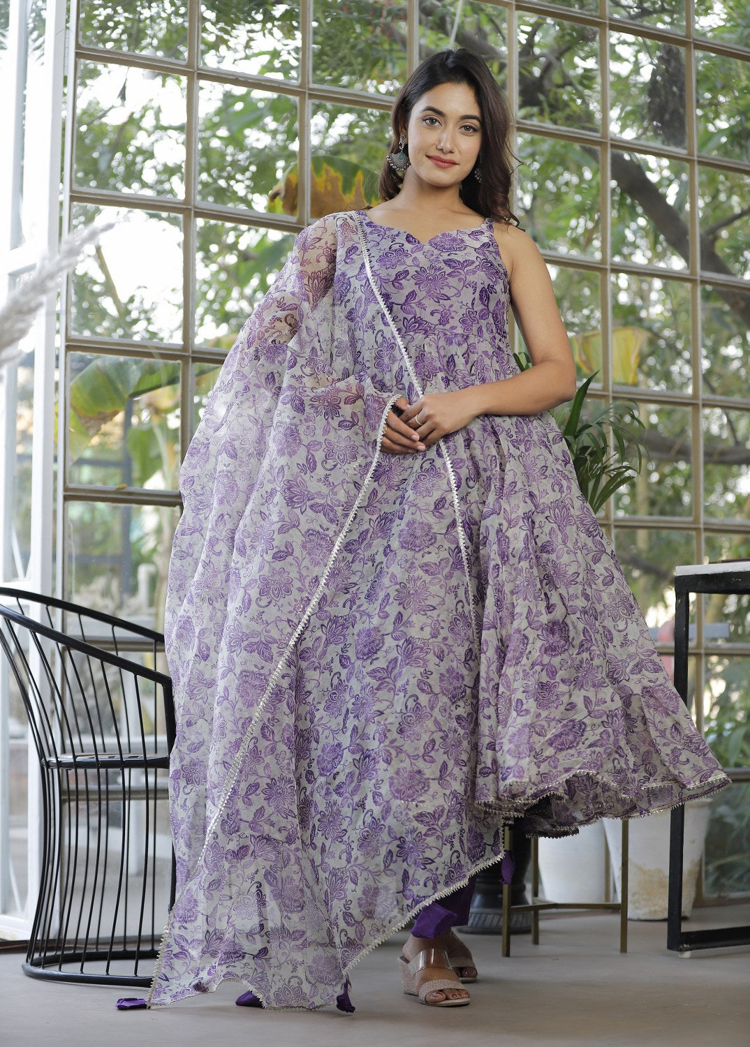 Women's Purple Flower Anarkali Suits - Lado Jaipuri