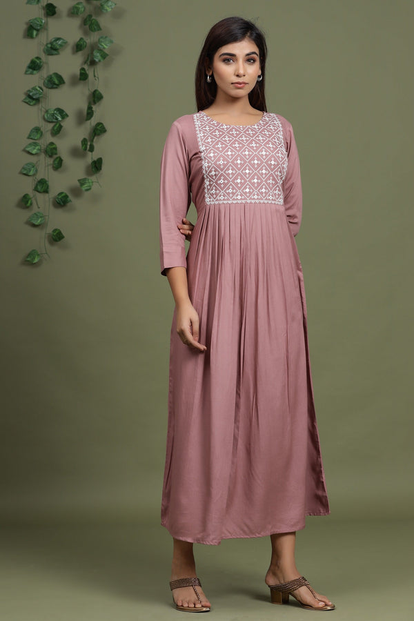 Purple Solid Embroidered Dress-Indiakreations-JS2901DRSPRS