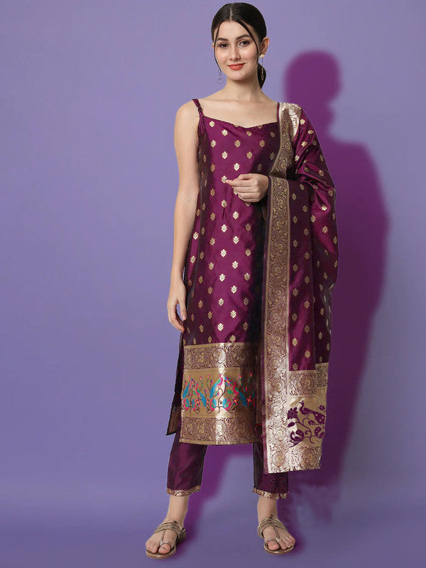 Women's Purple Jacquard Woven Design Kurta Pant Set With Dupatta - Malishka Export