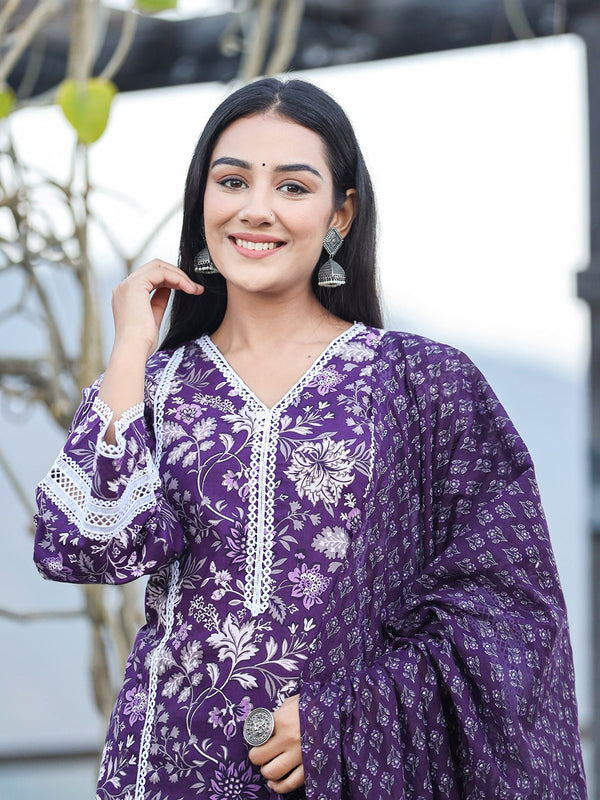 Purple pure Cotton kurta dupatta set with Thread_Work detailing-Indiakreations-JS1809SKDPRS