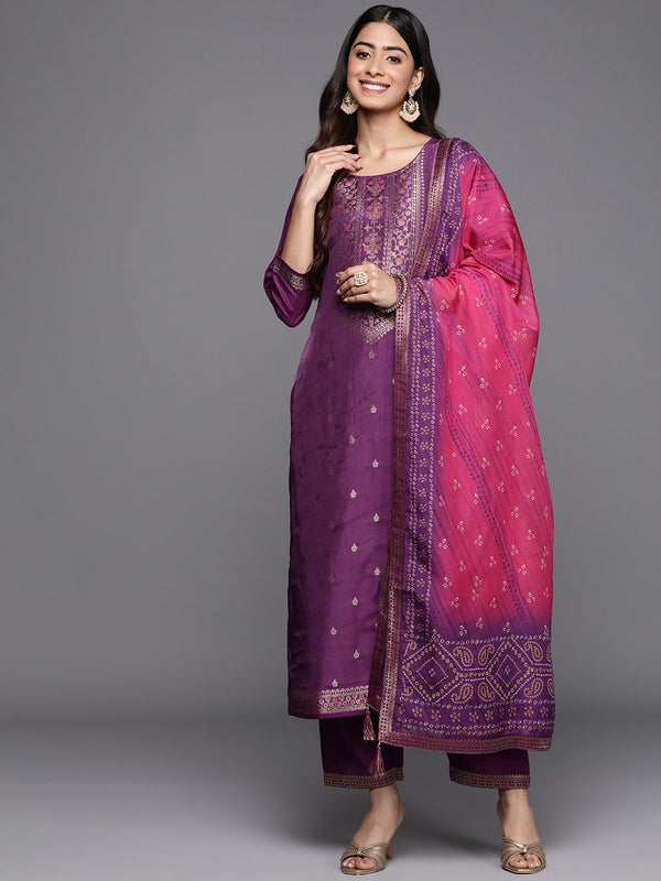 Purple Self Design Silk Blend Straight Kurta With Trousers & Dupatta