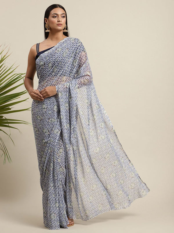 Women's Navy Blue Chiffon Digital Print Chevron Saree - Ahalyaa