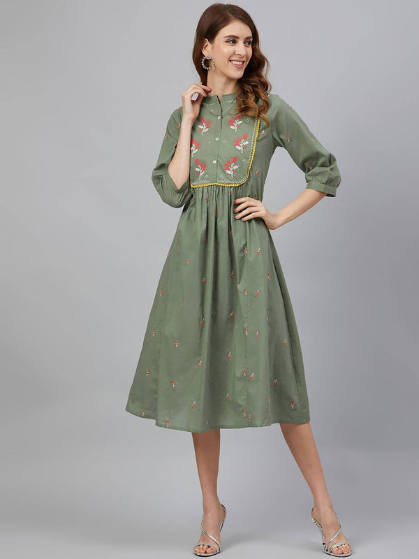 Women's Olive Cotton Embroidered Flared Kurta Dress - Juniper