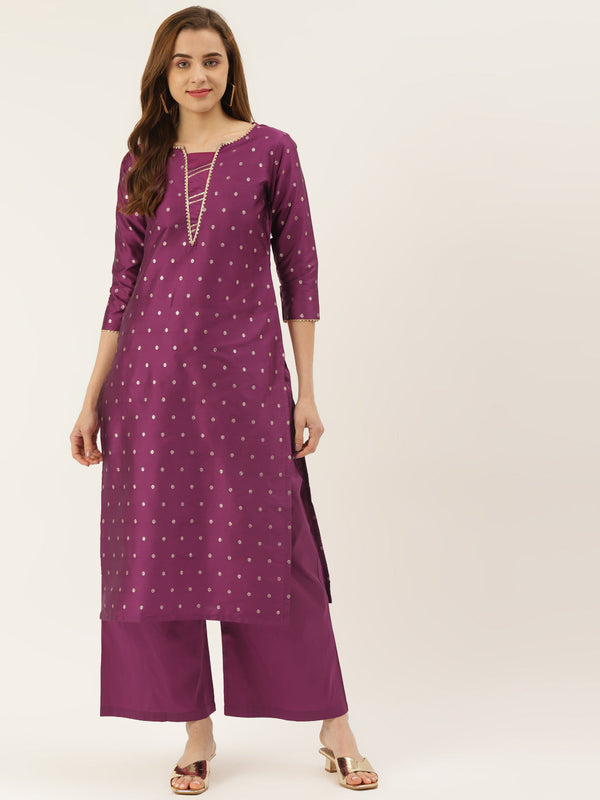 Women's Rani Color Silk Blend Straight Embellished Kurta Palazzo Set - VAABA