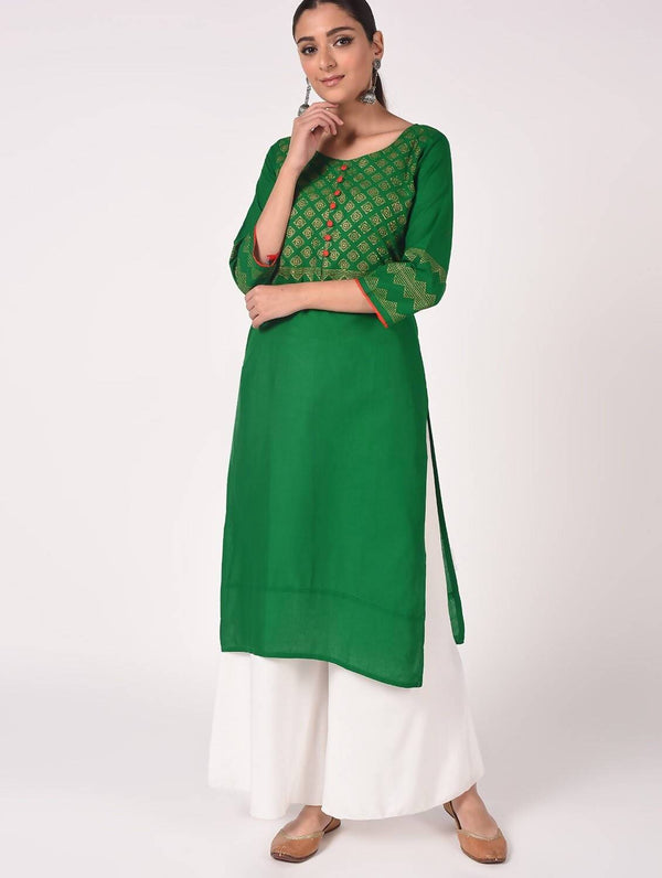 Women's Bottle Green 100% Cotton Hand Block Print Straight Kurta Only - Cheera