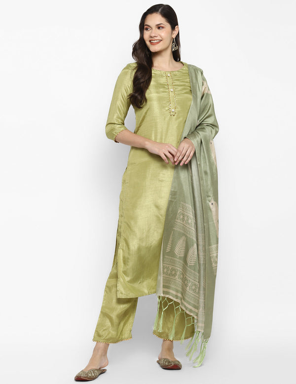 Women's Green Color Silk Blend Straight Kurta Palazzo With Dupatta - VAABA