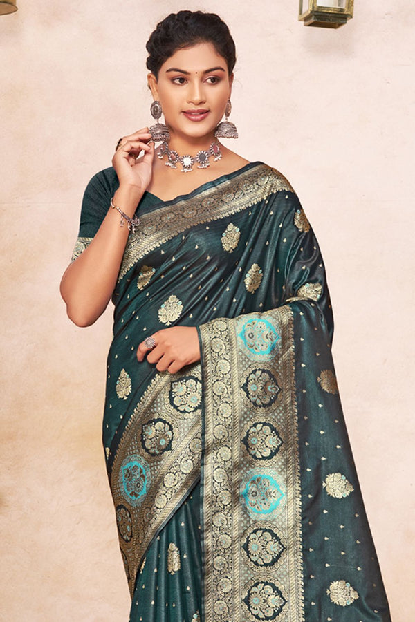 Women's Teal Silk Woven Zari Work Traditional Tassle Saree - Sangam Prints