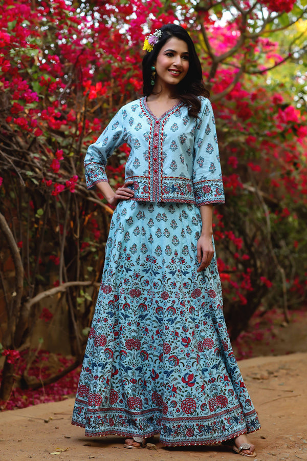 Buy_Women's_Blue_Cambric_Floral_Print_Top_Skirt_Set_With_Rubber-Band_Online_Indiakreations