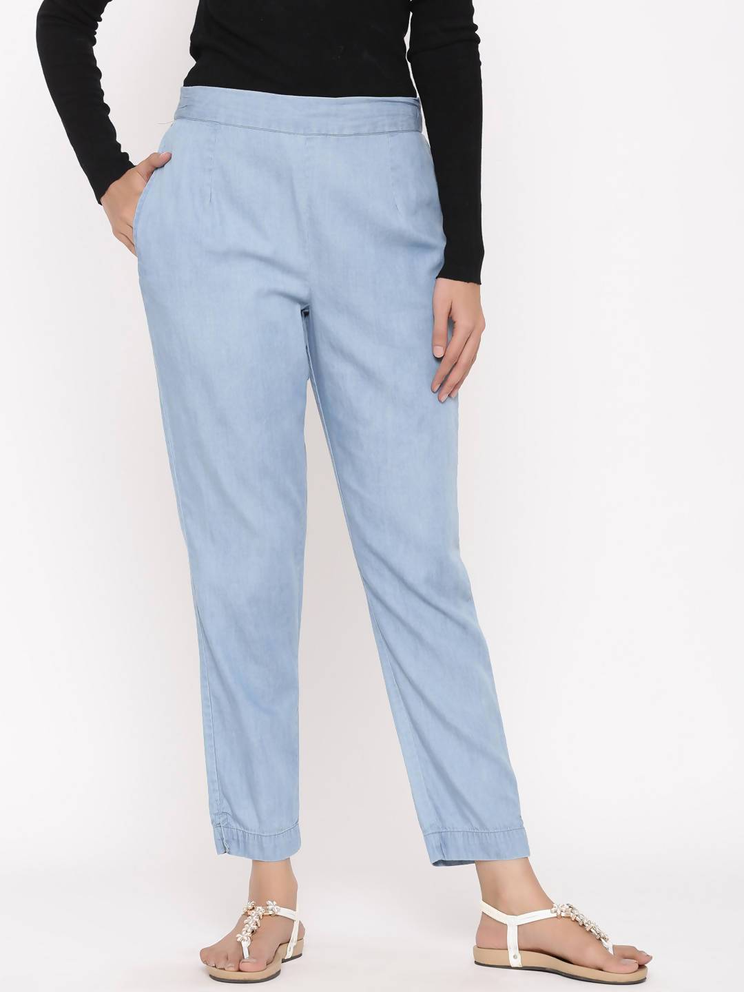 Women's Blue Cotton Solid Straight Pants - Juniper