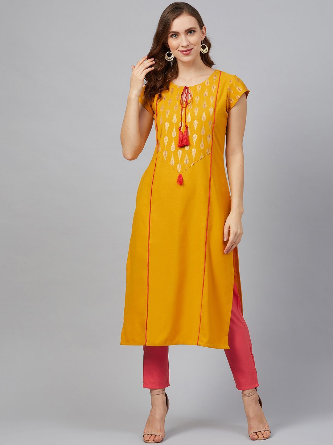 Women Mustard Yellow Kurta With Pant Set by Ziyaa (2 Pc Set)