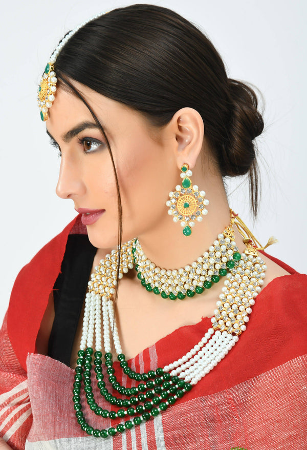 Kamal Johar Gold-Plated Rani Haar with Green and Off white Pearls Jewellery Set Jkms_031