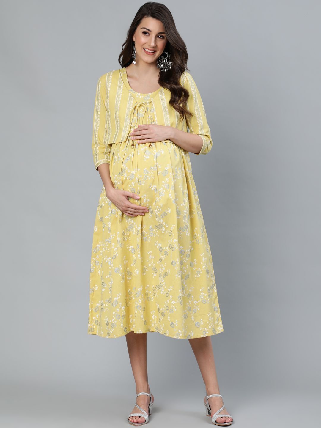 Women's Yellow & White Khari Printed Maternity Dress With Jacket - AKS