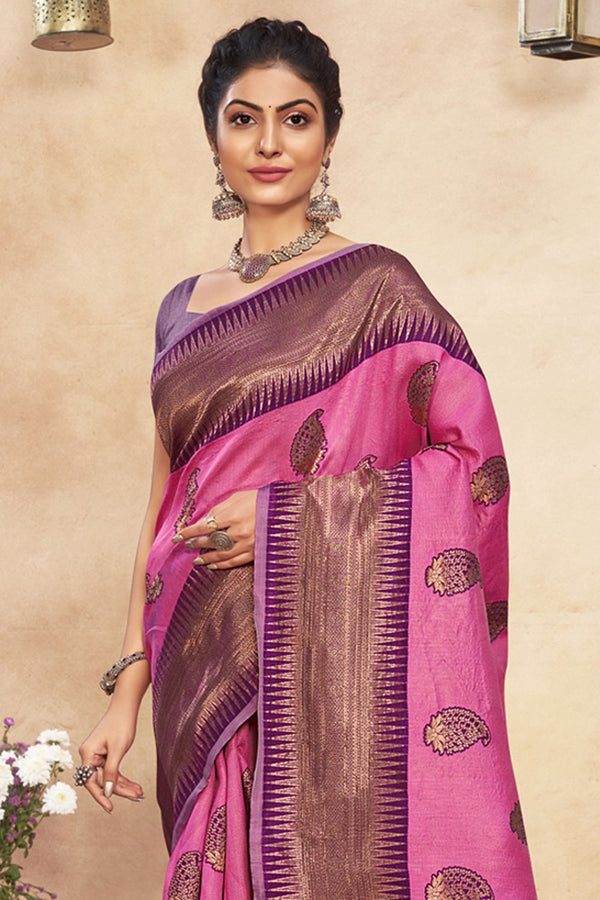 Women's Pink Cotton Woven Zari Work Traditional Tassle Saree - Sangam Prints