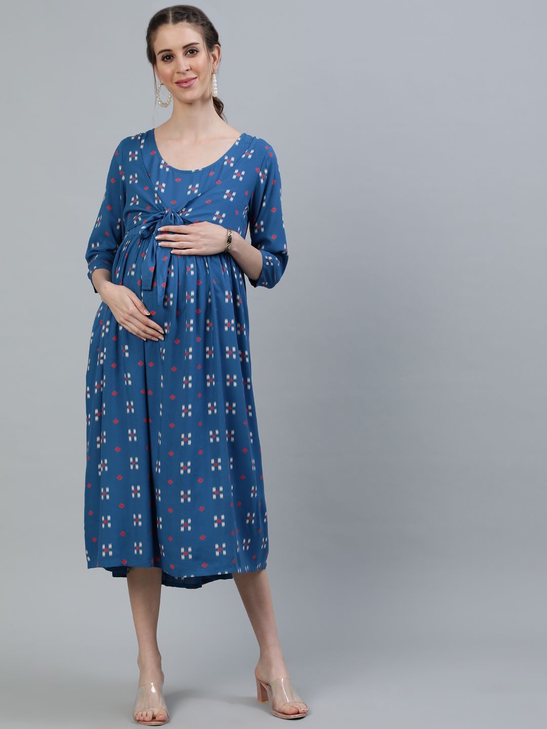 Women's Blue Printed Maternity Tie-up Dress - AKS