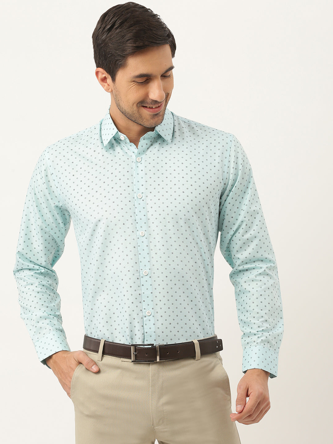 Mens Cotton Sea Green Printed Formal Shirt - Sojanya