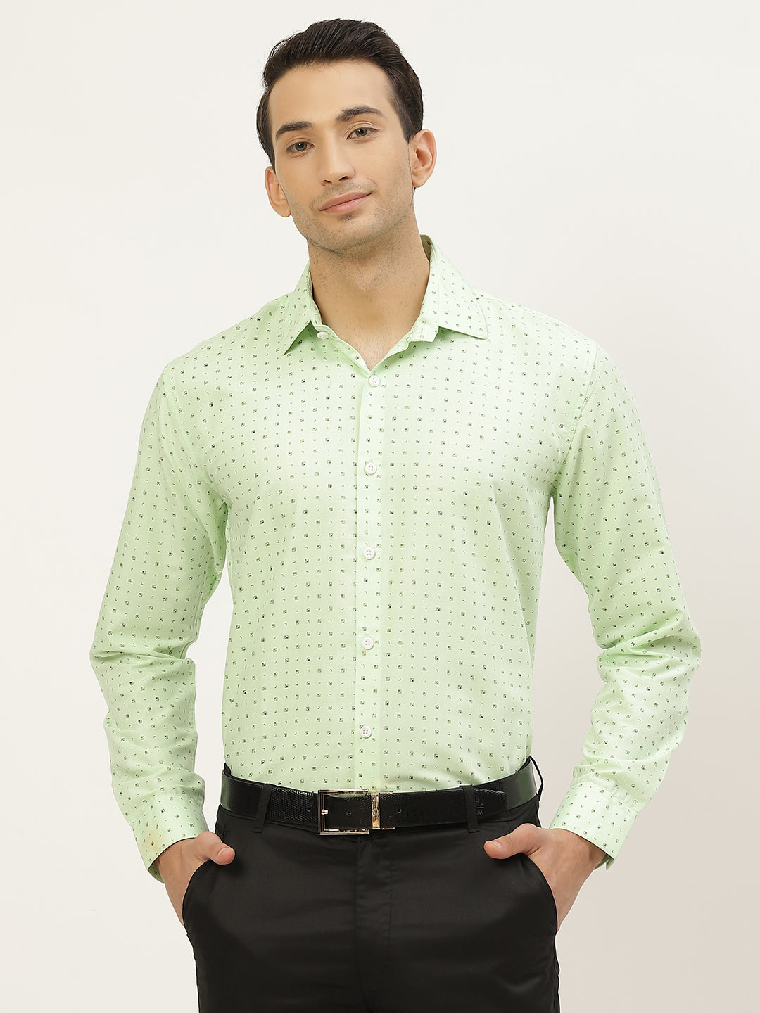 Mens Cotton Green Printed Formal Shirt - Sojanya