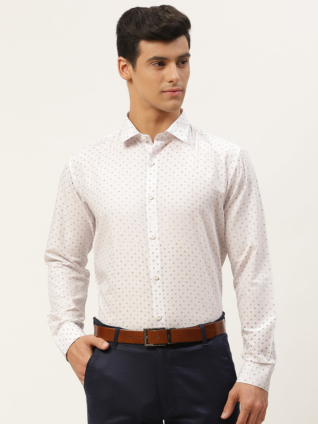 Mens Cotton Off White Printed Formal Shirt - Sojanya