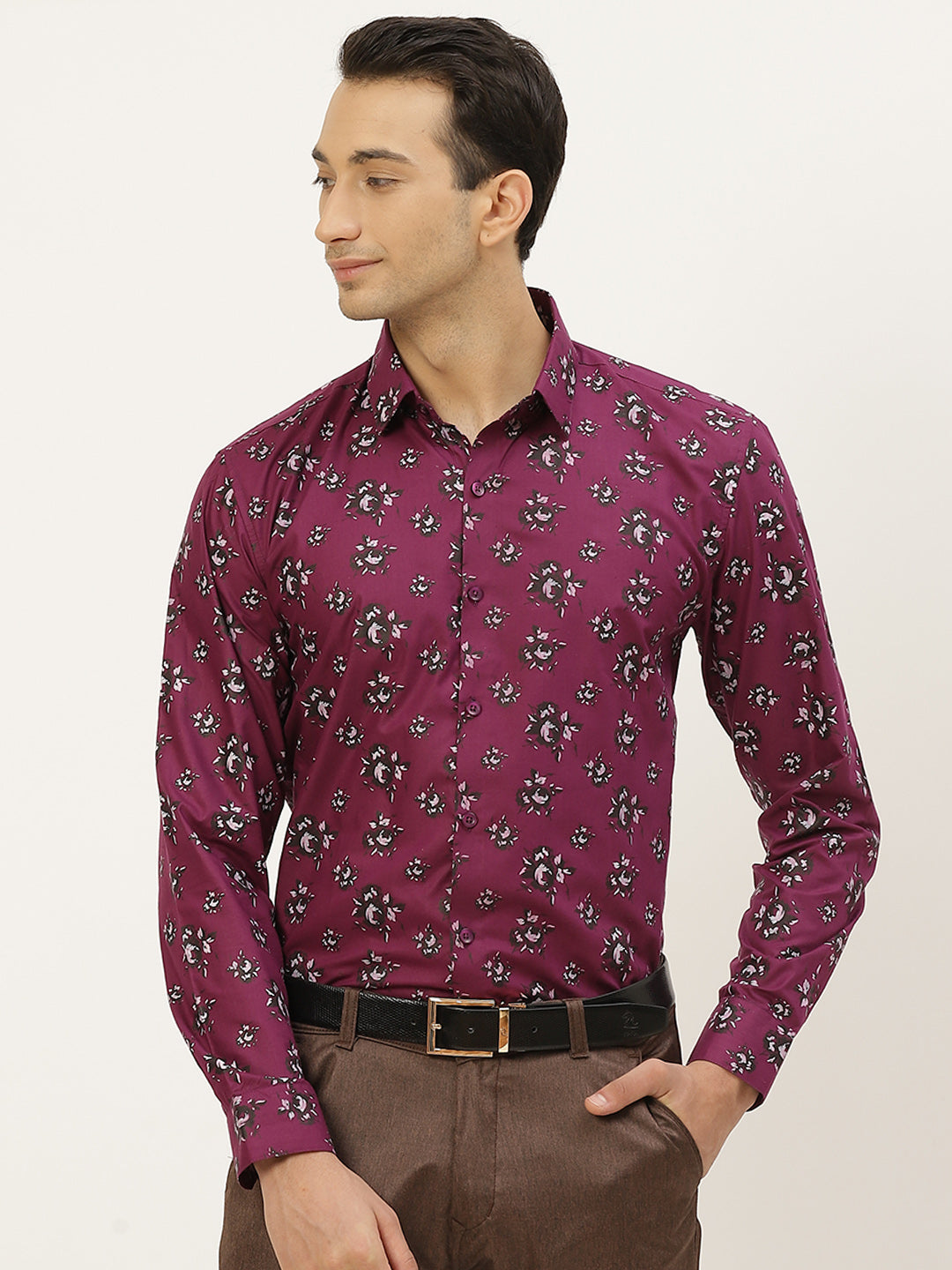 Mens Cotton Dark Purple & Black Printed Formal Shirt - Sojanya