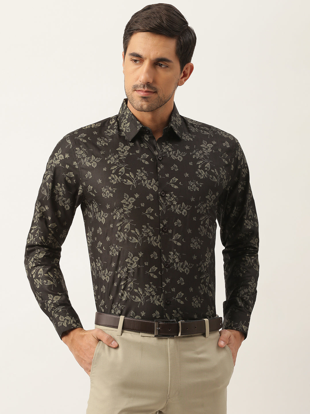 Mens Cotton Black & Green Printed Formal Shirt - Sojanya