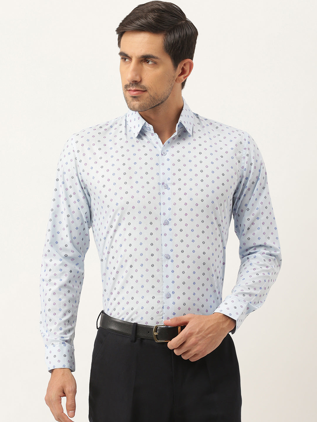 Mens Cotton Sky Blue & Multi Printed Formal Shirt - Sojanya