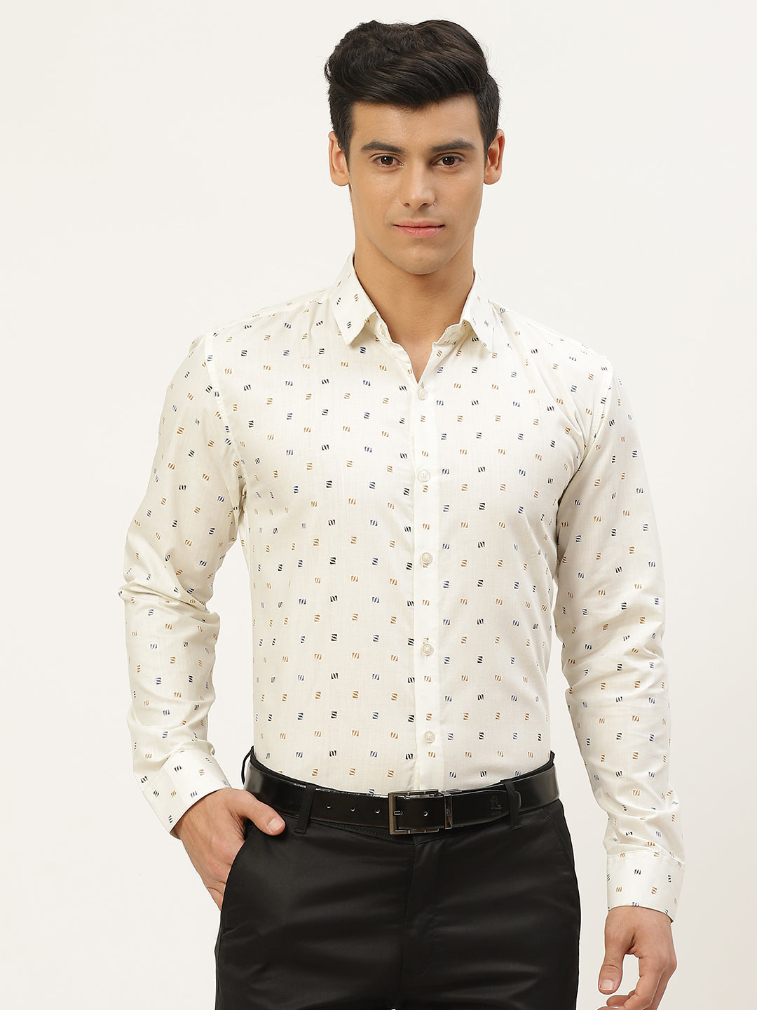 Mens Cotton Cream & Multi Printed Formal Shirt - Sojanya