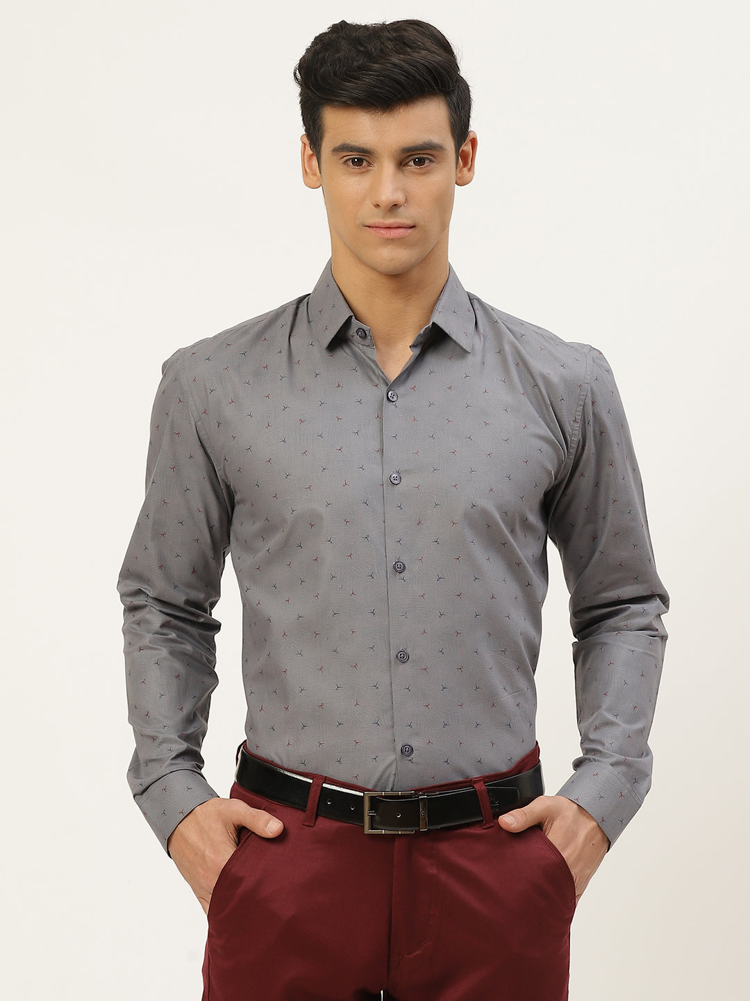 Mens Cotton Grey & Multi Printed Formal Shirt - Sojanya