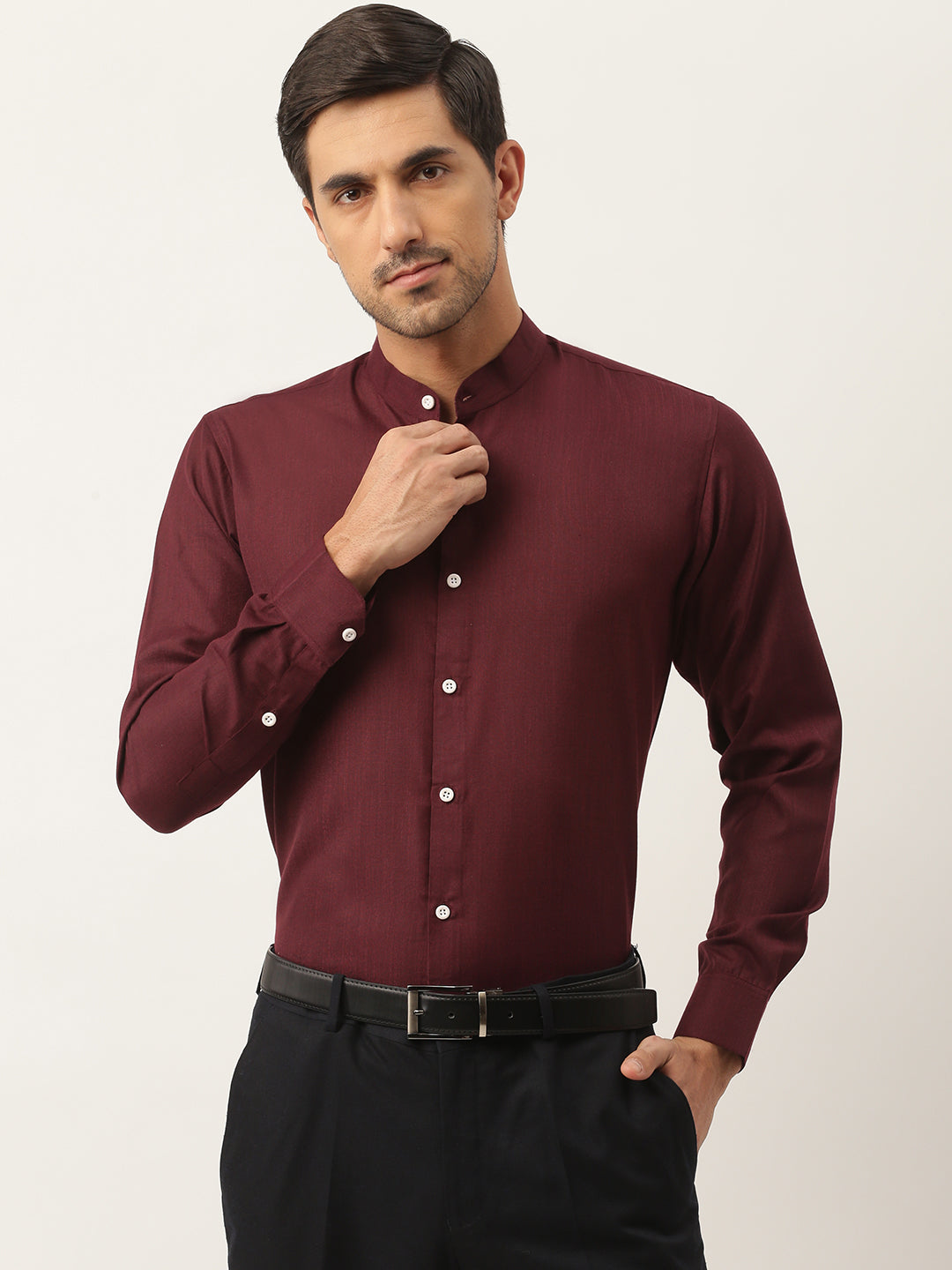 Mens Cotton Linen Burgundy Chinese Collar Shirt - Sojanya