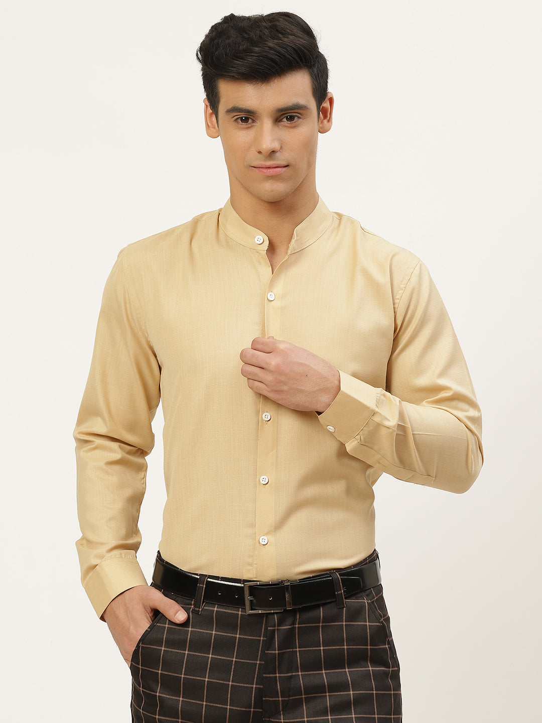 Mens Cotton Linen Beige Chinese Collar Shirt - Sojanya