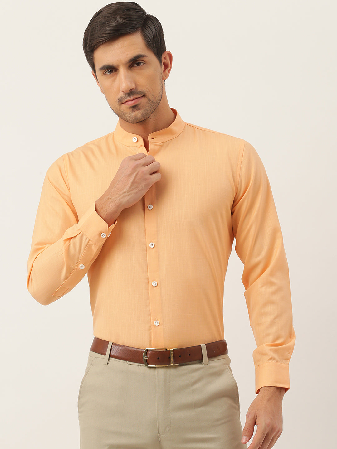 Mens Cotton Linen Orange Chinese Collar Shirt - Sojanya