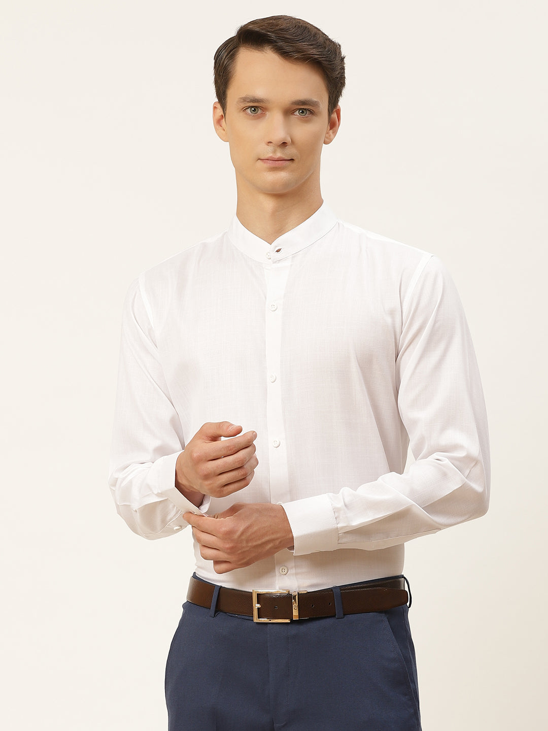 Mens Cotton Linen White Chinese Collar Shirt - Sojanya