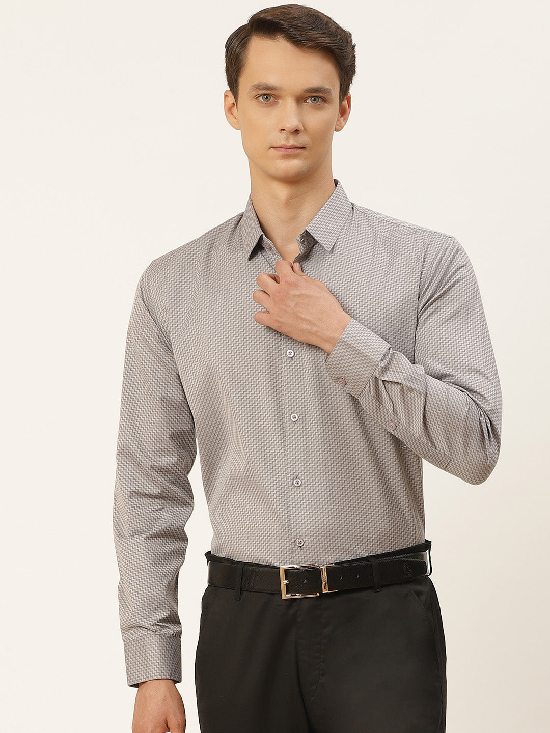 Mens Cotton Grey Self Design Formal Shirt - Sojanya